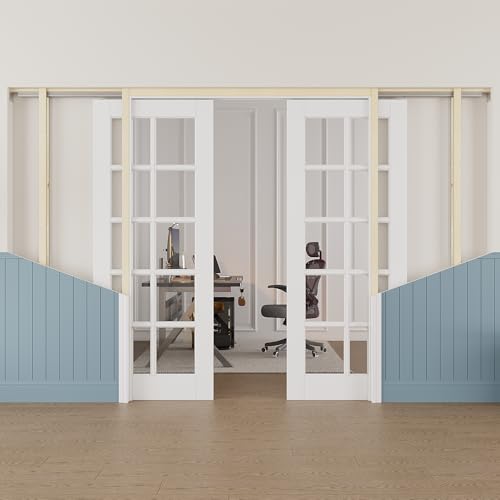 Image of 72 inch x 80 inch (Double 36 inch x 80 inch) 10-Lite Clear Glass Pocket Door, Soft-Close Sliding Pocket Door with Frame & Hardware Kit Set, Primed All-Inclusive Interior Door Slab for Home, White, Need to Assemble