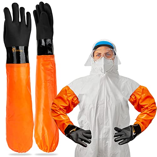 Gastody - Chemical Resistant Gloves Extra-Long Xl 27.5" - Rubber Gloves Heavy Duty - Long Rubber Gloves Pvc - Waterproof Gloves With Cotton Liner For Fishery Machinery Chemical Industry Cleaning #TOP1