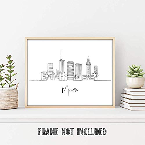 Tj Originals Miami, Florida City Skyline Landscape Hand Illustrated Wall Art Decor - Unframed 11 X 14 Black & White Print - Anniversary Travel Gift Ideas #TOP3