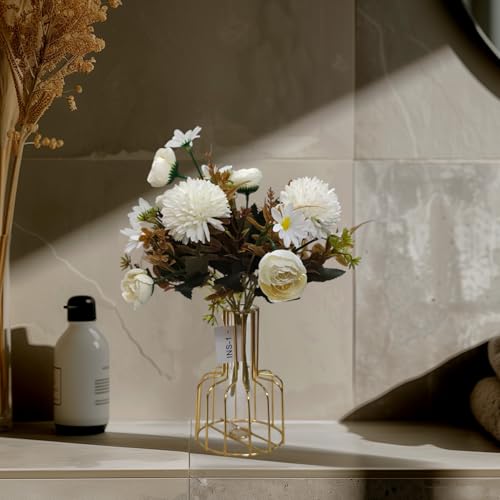 Image of CURATED CART Artificial Flowers Bunch - Set of 2 with 9 Mixed Flower Heads Each - Roses, Daisies & Chrysanthemums - Faux Flowers for Vases, Home Decor, Office, Parties (White) (No Vase)