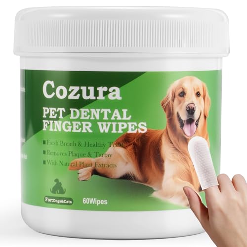 Cozura Pet Teeth Cleaning Finger Wipes– Reduces Plaque & Freshens Breath– Dental Care Wipes for Dogs & Cats – Dog Teeth Cleaning Kit,60 Count