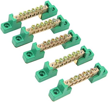 MY MIRONEY Terminal Bus Bar 6 Positions Screw Brass Terminal Grounding Strip Bus Bar Block Green Terminal Block Pack of 5