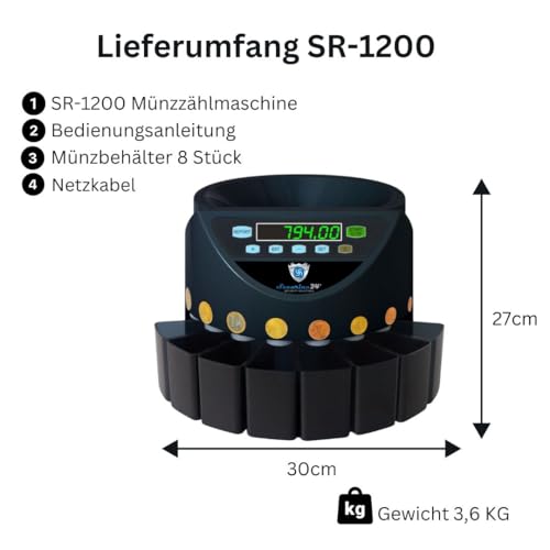Securina24 Automatischer Euro Münzzähler & -sortierer Geldzählmaschine SR1200 Geldzähler Münzzählautomat (Schwarz - Blacklabel - BBB)