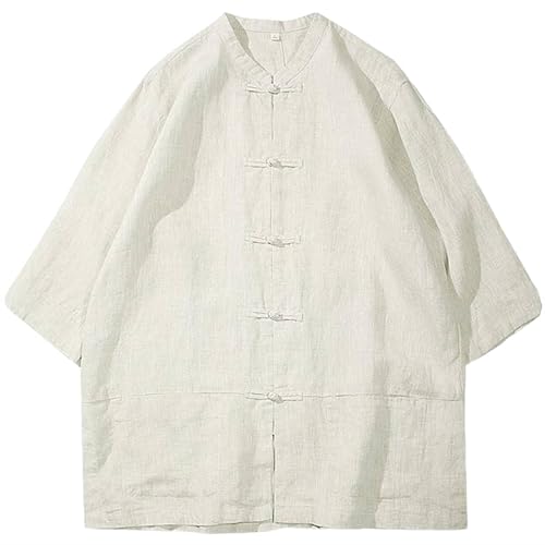 Men Chinese Tang Suit Men Retro Linen Blend Shirt Kung Fu Tai Chi Half Sleeve Jacket Hanfu Top2