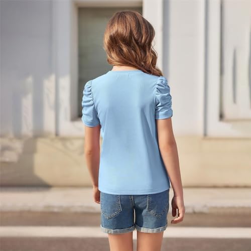 Girls Puff Short Sleeve Shirts Ribbed Knit Crewneck T Shirt Tops Cotton Solid Color Pullover Casual Tee Blouse4
