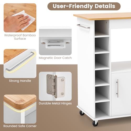 COSTWAY Kitchen Storage Trolley on Wheels, Rolling Kitchen Island with Cabinet, Open Shelf, 6 Wine Holders, Bamboo Worktop, 3 Spice Racks & Towel Rack, Utility Storage Cart for Dining Room (White) - Image 5