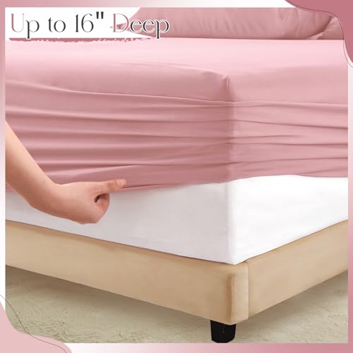 Horbaunal Dusty Pink Ruffle Sheets Queen Size 6 Piece, Fits 16" Deep Mattress, Microfiber Pink Queen Sheets with 2 Ruffled Pillowcases, Shabby Chic Bed Sheet Set by Horbaunal - Used condition - Image 4