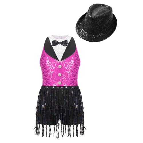 Yihuimin Vestido de niña de baile latino con flecos, traje de salsa rumba cha cha tango disfraz rosa y negro 122-128