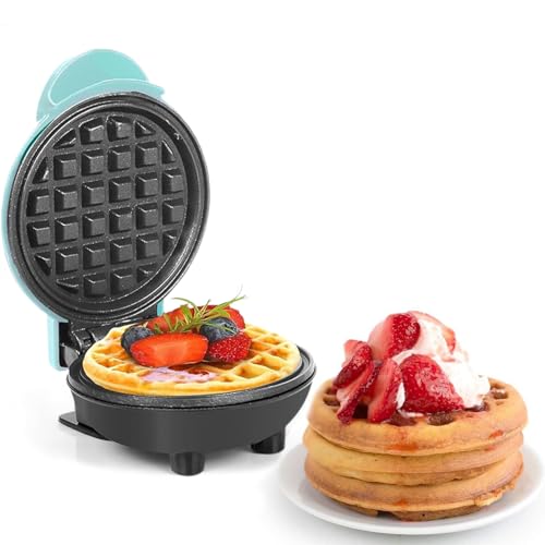 OXNSHEJW Mini Waffle Maker, Non-Stick Waffle Iron Machine Electric Mini Pancake Maker with Ready Indicator, Compact Waffle Maker for Waffles, Sweet Snacks, Desserts, Grilled Cheese, Sky blue