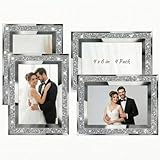 Queekay 4 Pack Glitter Picture Frame Silver 4 x 6 Inch Crystal Bling Mirror Picture Frame Wall Decor for Valentines Graduation Wedding Home Table
