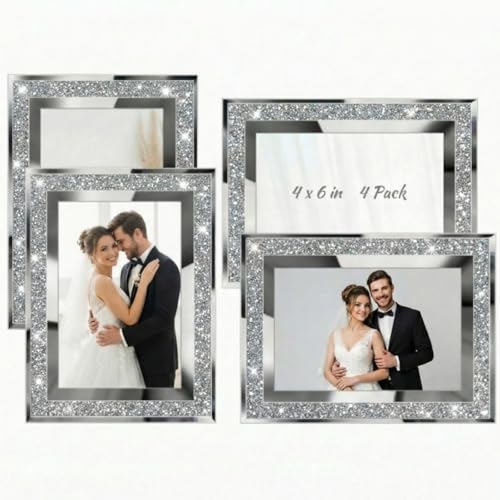 Queekay 4 Pack Glitter Picture Frame Silver 4 x 6 Inch Crystal Bling Mirror Picture Frame Wall Decor for Valentines Graduation Wedding Home Table