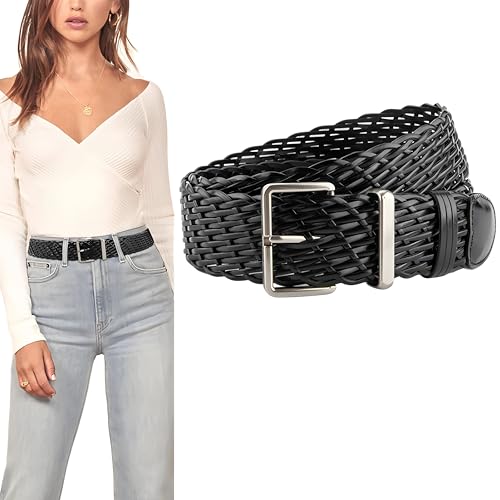 Womens Wide Braided Leather Belt for Dresses and Jeans Fashion Ladies Casual Wasit Strips with Silver Buckle2