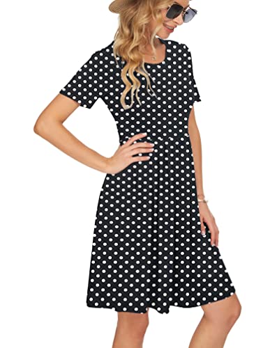 Auselily Women's Short Sleeve Pleated Loose Swing Casual Dress With Pockets Knee Length 2023(2Xl,Black Dots) #TOP4