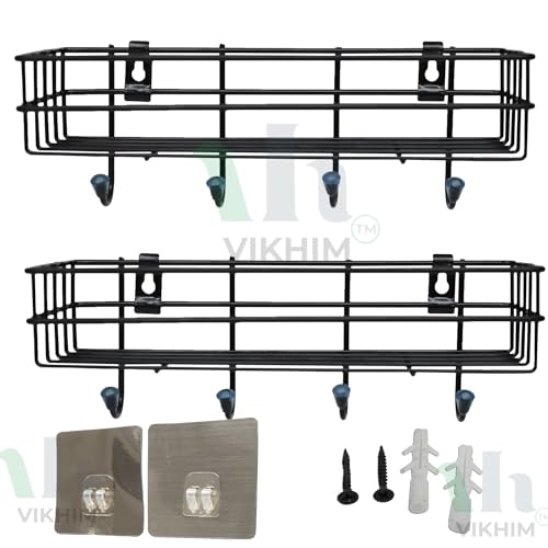 VIKHIM Alloy Steel - 1 Year Warranty | Bathroom Shelf Organiser And Kitchen Shelf With Hooks And Self Adhesive Bathroom Shelf | Wall Mounted Shelf For Towel Holder | Rack | (Pack Of 2, Black) (B0D1C2JCQD) Amazon Price History, Amazon Price Tracker
