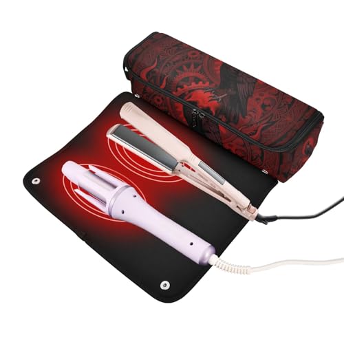 Estuche de viaje 2 en 1 para rizador y plancha de cabello y tapete resistente al calor grande para herramientas calientes, rizador, plancha, volumizador de cabello estilo rojo gótico con calavera Raven miniatura 2