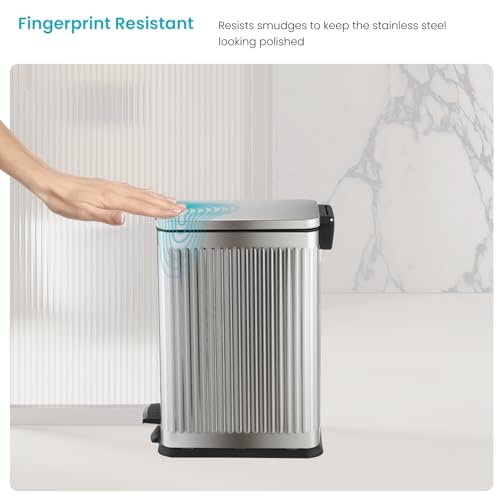 Image of Home Zone Living 4 Gallon Kitchen Trash Can with Slim Fit Design | Stainless Steel with Soft-Close Step Pedal Lid, Bag Tuck Band for Easier Bag Changes, Rectangular Shape, Reeded Style, Silver