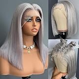 Grey Bob Wigs Human Hair 13x4 Lace Front Wigs Glueless Brazilian Remy Hair Straight for Women 8 Inch Pre Plucked Natural Hairline 180% Density Dark Grey HD Lace Frontal Short Bob Wigs