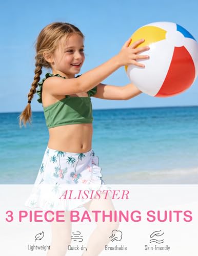 Image of ALISISTER Girls Swimsuit 3 Piece Bathing Suits Summer Bikini Tankini Sets with Cover Up Skirt for 4-12 Years