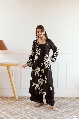 Image of BLOOMORAA BY PRAGYA Kurta Plazo Set for Women's| Printed Rayon Kurti Plazo Black |Womens Rayon Kurta Set with Palazzo Pant