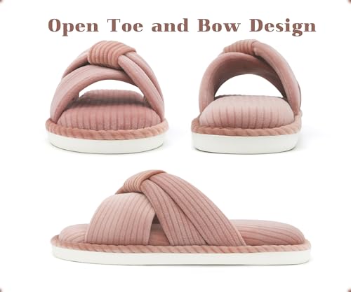 Memory Foam House Slippes for Woman, Comfy Open Toe Women's Bedroom House Shoes, Cross Band Slippers with Bow for Indoor and Outdoor, Gift for Women Ladies and Girls Pink Size 6-74