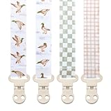 Stadela Baby Pacifier Clip Holder - Boy and Girl Unisex 4 Pack Gift Set – Neutral Checker Gingham Plaid Ducks Mallards Beige Brown and Green