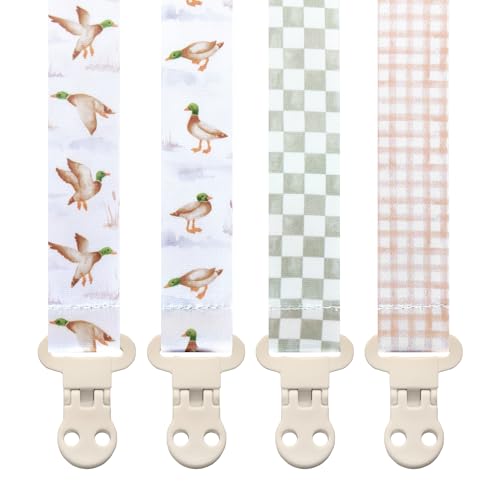 Image of Stadela Baby Pacifier Clip Holder - Boy and Girl Unisex 4 Pack Gift Set – Neutral Checker Gingham Plaid Ducks Mallards Beige Brown and Green