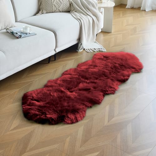 duduta Burgundy Faux Sheepskin Runner Rug 2x6 ft, Fluffy Shag Bedroom...