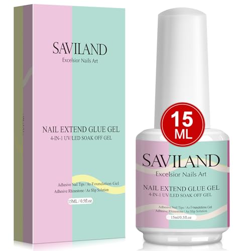 SAVILAND Gel Nail Glue 15ml: 4 in 1 U V Nail Glue Extra Strong for Acrylic Tips & Press On Nails Strong Nail Glue for False Nails Long Lasting Brush On Nail Glue for Beginner Home DIY(Curing Needed)