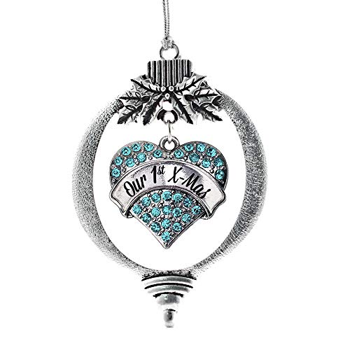 Inspired Silver - Our 1st X-Mas Aqua Charm Ornament - Silver Pave Heart Charm Holiday Ornaments with Cubic Zirconia Jewelry
