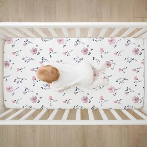 Image of 4 Pack Floral Crib Sheet Set for Baby Girl, Soft Breathable Fitted Pink Crib Sheet 28 x 52 in, Vintage Wildflower Nursery Decor for Standard Crib and Toddler Bed Mattresses