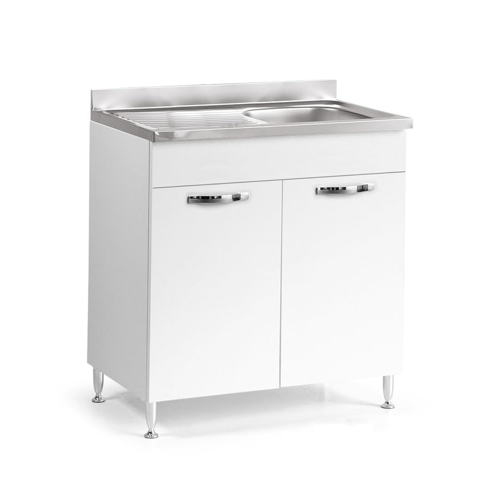 REDÒKASA Sottolavello per cucina componibile da 80 cm con due ante, realizzata in legno 100% MADE IN ITALY (Con Lavello Vasca a Destra, Bianco Frassino)
