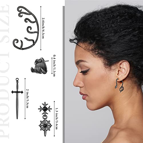 Kigeli 12 Pairs Halloween Gothic Earrings for Men Women Black Dangle Punk Earrings Stud Chain Cuff Y2k Hinged Hoop Set for Unisex Hip Hop Kpop Birthday Gifts Cosplay Costume Accessories3