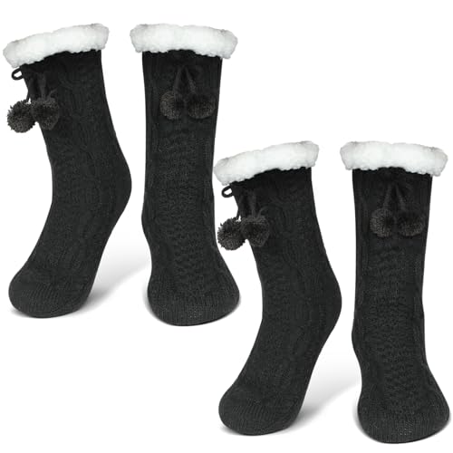 Image of Lonfliness 2 pairs Women Slipper Fuzzy Grips Socks Fluffy Cozy Cabin Warm Winter Soft Thick Comfy Fleece Non Slip Home Socks for Women and Girls Christmas Gifts (Black)