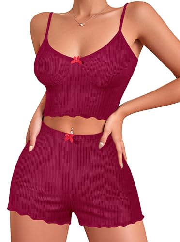 Image of Hilinker Womens Graphic Print Ribbed PJ Set Crop Cami Tops and Shorts Cute Pajamas Set