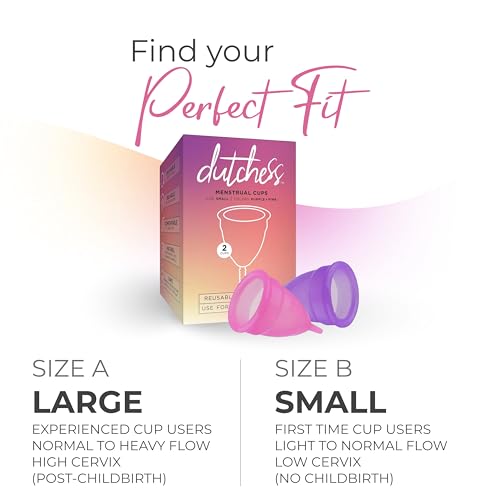 Image of Dutchess Large Menstrual Period Cups for Women + Storage Pouch, Pack of 2 Pink & Purple Soft Medical-Grade Silicone Reusable Feminine Care Tampon & Pad Alternative, Easy to Clean - Camping, Sports