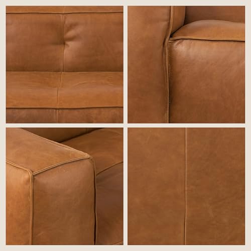 Image of Poly & BARK Capa 92 inch Sofa - Saddle Tan Full-Grain Pure-Aniline Italian Leather, Boxy Modern Design, Feather-Fiber Cushions, Solid Wood Frame