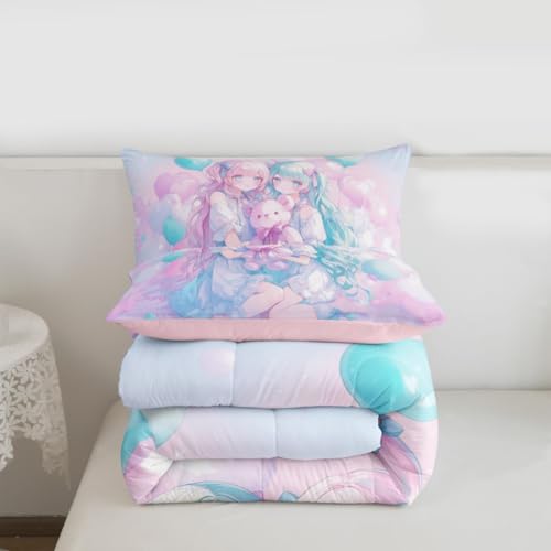 Image of Erosebridal Anime Girl Kids Bedding | Girly Friendship Queen Comforter Sets,Fantasy Dreamy Girls Comforter Romance Ballons Duvet Insert with 2 Pillow Cases
