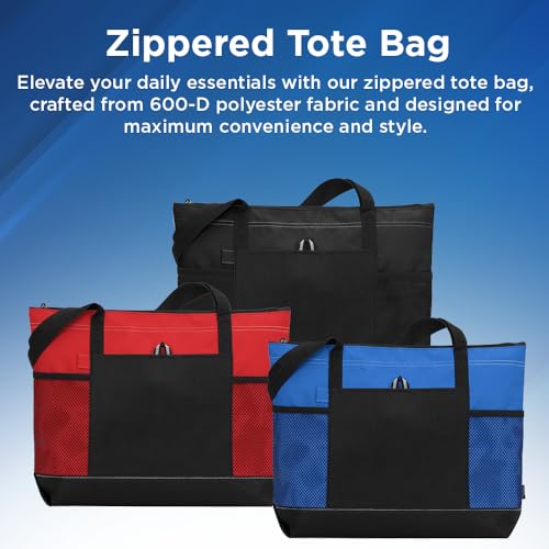 Black Zippered Tote Bag with 600-D Polyester Fabric, 29.5-Inch Shoulder Straps, Zippered Compartment, Front Pocket with Pen Loop, and Side Mesh Pockets2