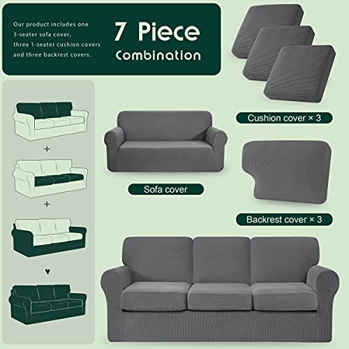 CHUN YI 7 Piece Stretch Sofa Cover, 3 Seater Slipcover with Three Separate Cushions and Backrests, Jacquard Spandex Fabric(3 Seater,Light Grey) - Image 4