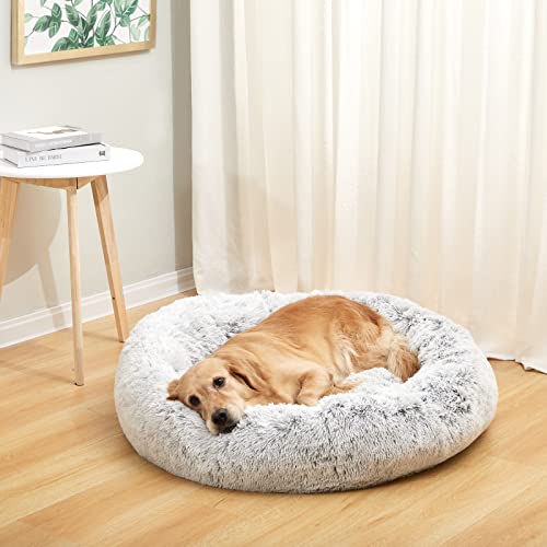Image of Bedfolks Calming Donut Dog Bed, 36 Inches Round Fluffy Dog Beds for Large Dogs, Anti-Anxiety Plush Dog Bed, Machine Washable Pet Bed (Light Grey, Large)