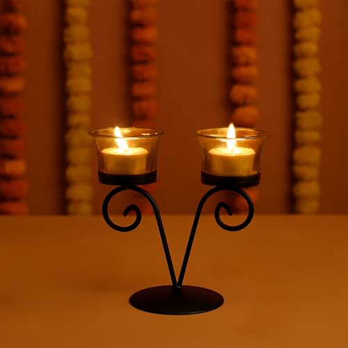 Image of MARKET 99 Metal+Glass 2 Votive T- Light Holder | Elegant Home Decor for Diwali, Christmas, Birthday, and Wedding | Decorative Candle Holder for Ideal for Festive & Ambient Lighting | Black & Golden