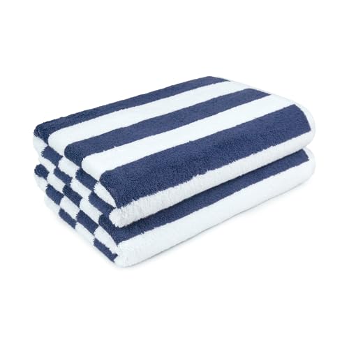 Image of Amazon Basics 100% Cotton Soft & Absorbent Beach Towels, Cabana Stripe, Fast Drying, Machine Washable, Large 30 in x 60 in, Navy Blue, 4-Pack