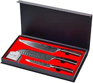 KOI Artisan Professional Knife Set 3 Pieces - Stainless Steel Kitchen Knife Set with Ergonomic Pakka Wood Handle - Japanese Chef Knife Set Presented in Gift/Box
