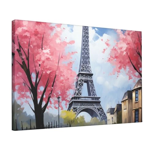 Toile murale abstraite Tour Eiffel et cerisier rose pour décoration de salon