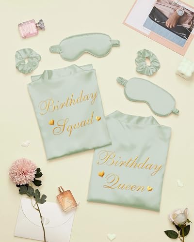 Image of Neer 21 Pcs Women Birthday Party Robe Set Queen Squad Kimono Satin Bathrobes with Eye Mask and Scrunchie for Birthday