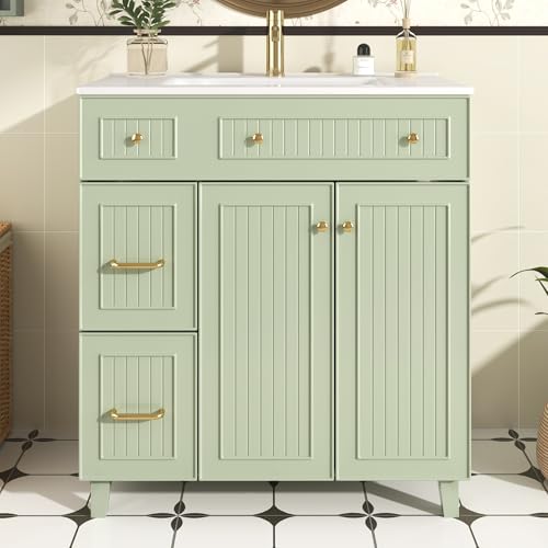 DACHETOU Armario de baño con lavabo verde, 80 x 90 cm, mueble de baño con tocador de cerámica, superficie lacada, espacio de almacenamiento multifuncional y patas de madera maciza