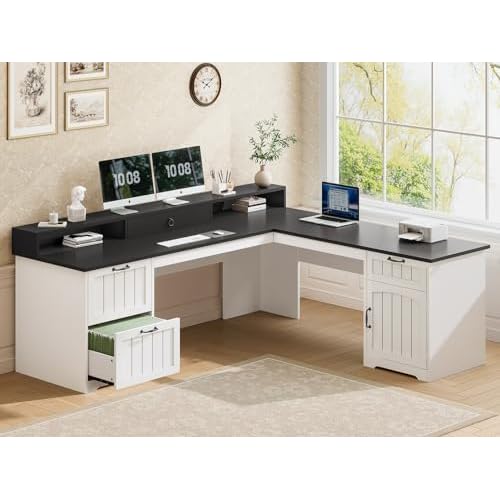 SEDETA 63" L Shaped Desk with Drawers, Farmhouse Office Desk with File Drawers, Wood Corner Computer Desk with Storage, Home Office Desk with Monitor