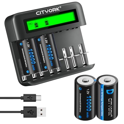 CITYORK Paquete de 4 baterías recargables D Cell de 10000 mAh Ni Mh con cargador de batería AA/AAA/C/D Ni MH de 8 ranuras