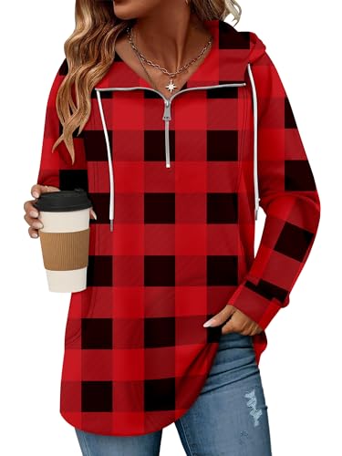 onlypuff Women Hoodie Pullover Trendy Quarter Zipper Lapel Sweatshirts Drawstring Cute Hooded Tunic Tops with Side Pockets