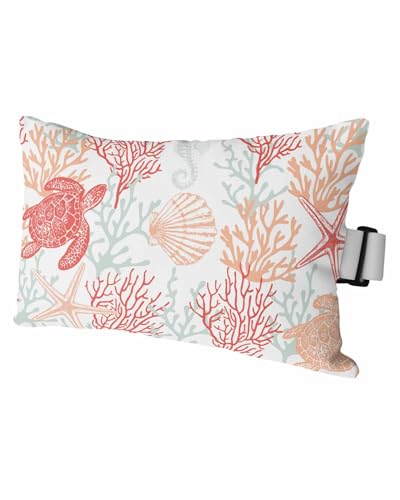 HERBED Outdoor Pillows Covers with Inserts Summer Ocean Red and Blue Coral and Turtle Waterproof Pillow with Adjustable Strap Throw Pillows for Patio Furniture Pool Lounge Chair, 12x20 Inch, 1PCS